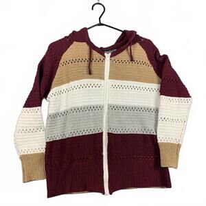 Womens Large Long Sleeve Full Zip Knit Hooded Sweater Color Block Stripes